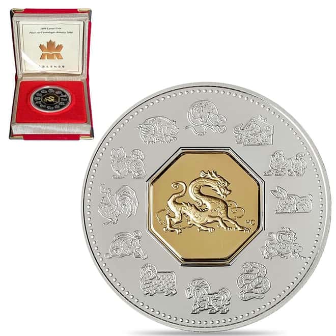 2000 Canada 1 oz Gilded Lunar Year of the Dragon Silver Coin