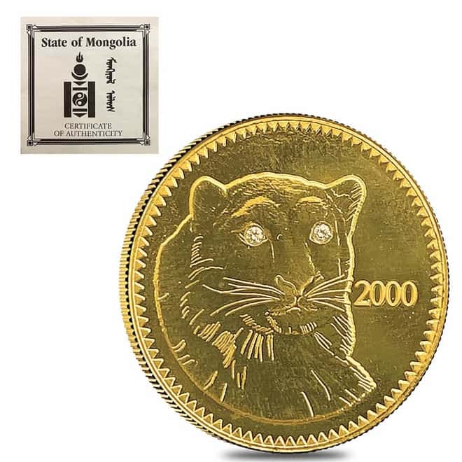 2000 Mongolia 7.76 gram Snow Leopard Proof Gold Coin .583 Fine (w/COA)