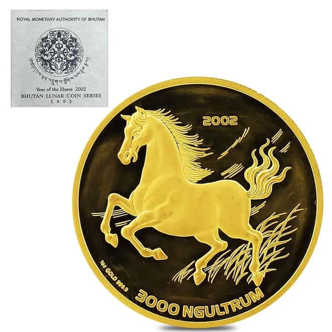 2002 1 oz Bhutan Proof Lunar Horse Gold Coin (w/COA)