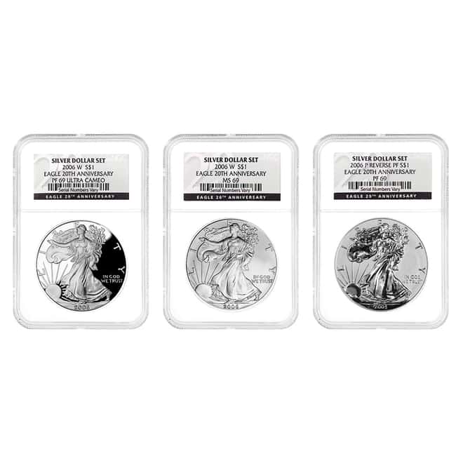 2006 W/P Silver American Eagle 3-Coin Set NGC MS/PF 69 (20th Anniversary)