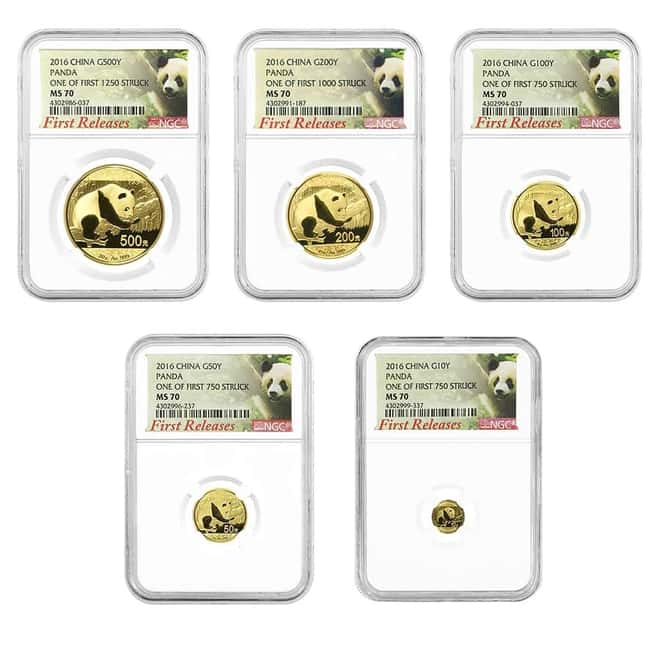 2016 1.83 oz Chinese Gold Panda 5-Coin Set NGC MS 70 First Releases