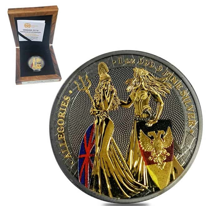 2019 1 oz Britannia & Germania The Allegories Ruthenium Gilded Silver Coin