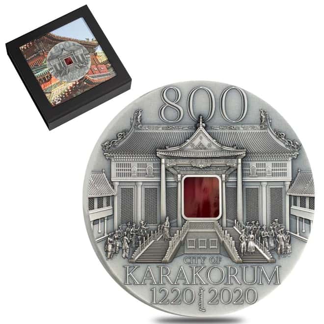 2020 2 oz Silver Karakorum 800th Anniv. Mongolia Antiqued Coin .999 Fine (w/Box & COA)