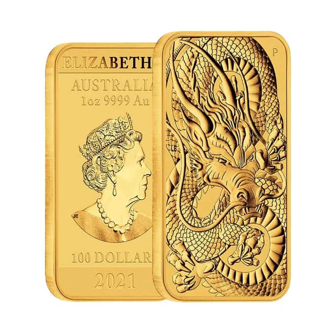 2021 1 oz Gold Australian Dragon Coin Bar $100 BU