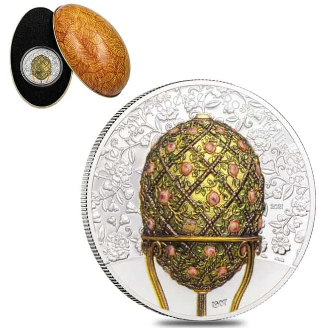 2021 2 oz Silver Faberge Rose Trellis Egg Mongolia Coin .999 Fine (w/Box & COA)