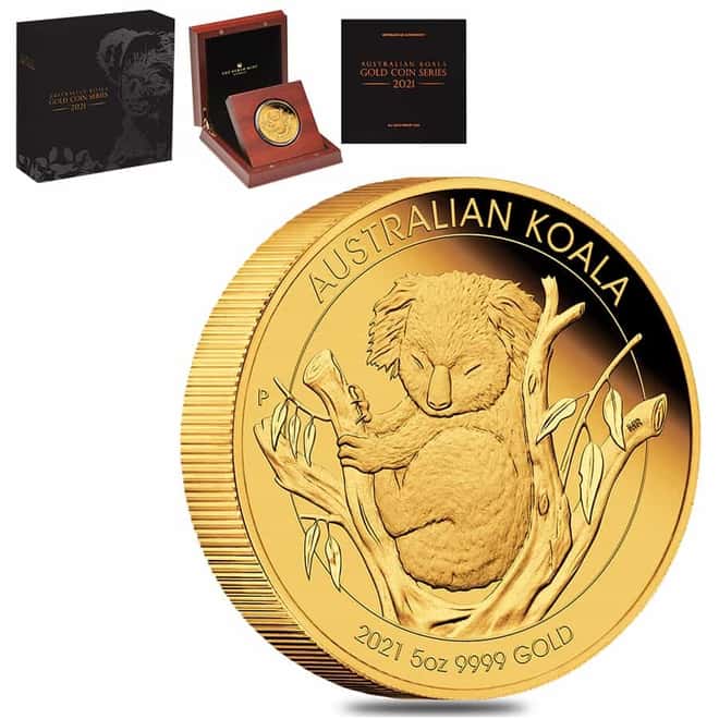 2021 5 oz Proof Gold Australian Koala Perth Mint Coin .9999 Fine (w/Box & COA)