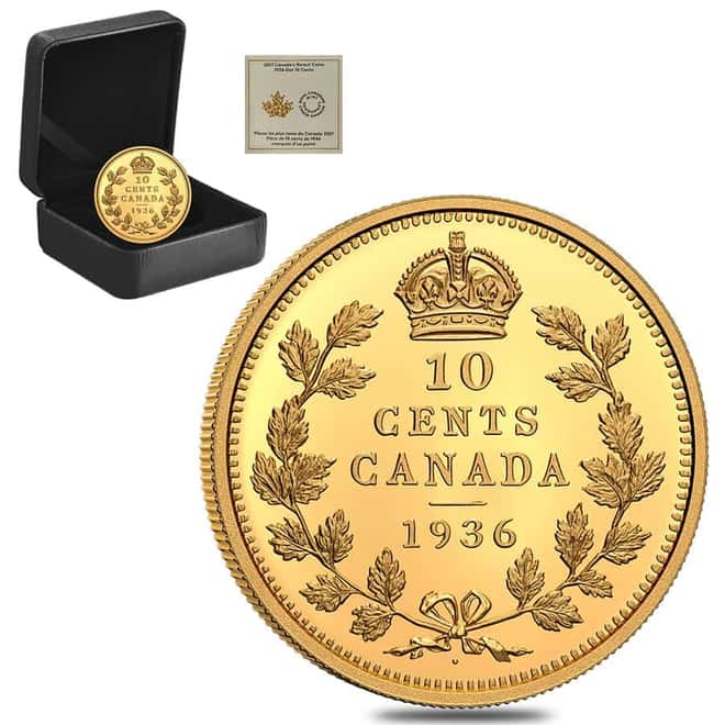 2021 Canada 1 oz Proof Gold Rarest Coins - 1936 Dot 10C Coin .9999 Fine (w/Box & COA)
