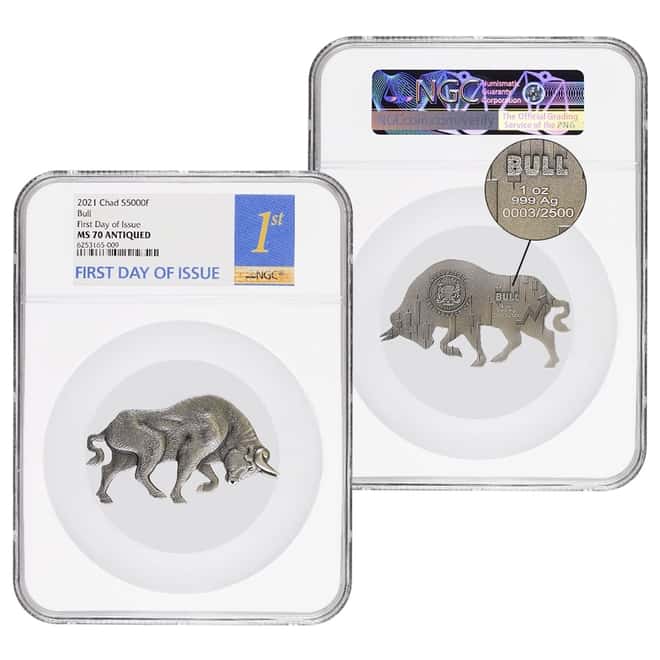 2021 Chad 1 oz Silver Bull Shaped Coin Serial #3 NGC MS 70 FDOI Antiqued High Relief