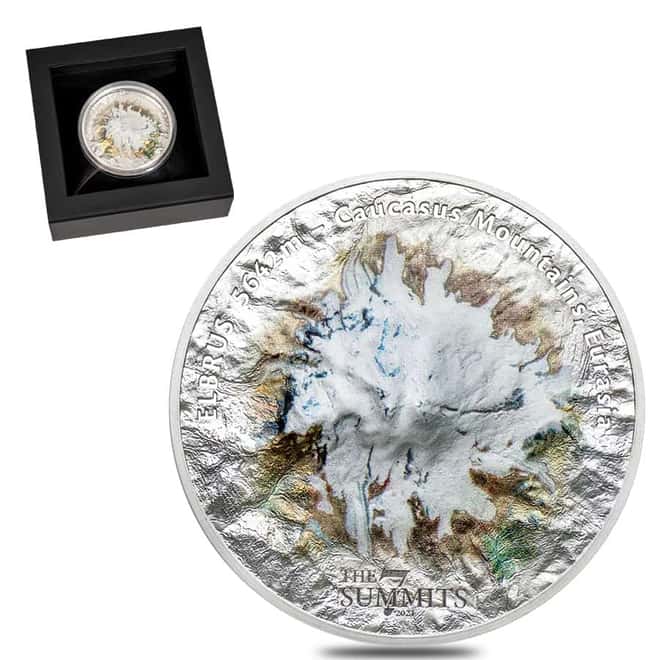 2021 Cook Islands 5 oz Silver Mount Elbrus Coin .999 Fine (w/Box & COA)