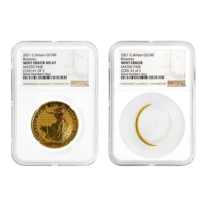 2021 Great Britain 1 oz Gold Britannia Coin NGC MS 67 Mint Error (Mated Pair)
