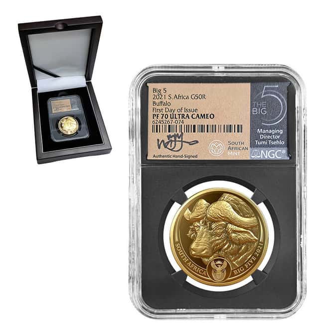 2021 South Africa 1 oz Proof Gold Big 5 Buffalo NGC PF 70 FD Tumi Tsehlo (w/Box)