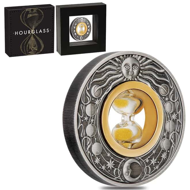 2021 Tuvalu 2 oz Antiqued Silver Hourglass Coin .9999 Fine (w/Box & COA)