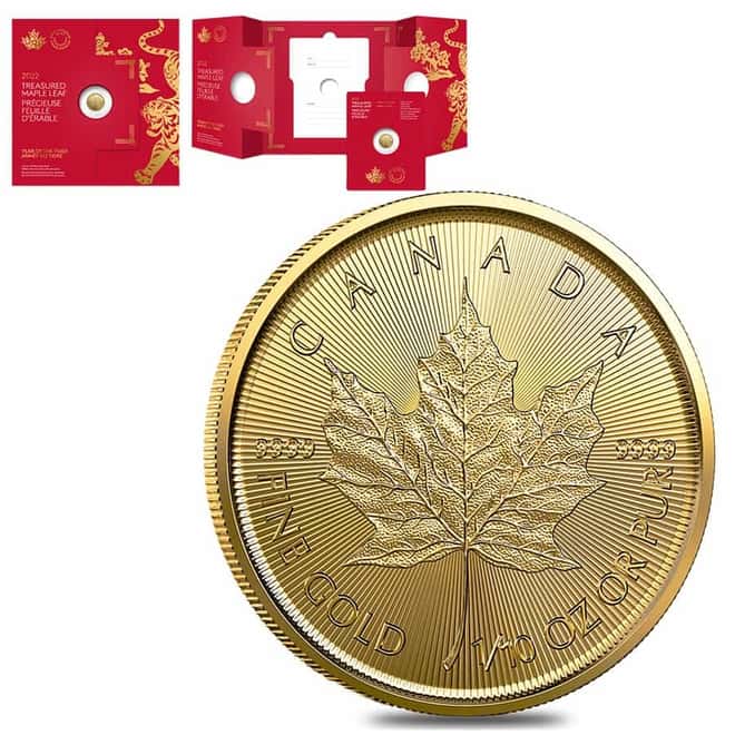 2022 1/10 oz Canadian Treasured Gold Maple Leaf $5 Coin BU - Year of the Tiger