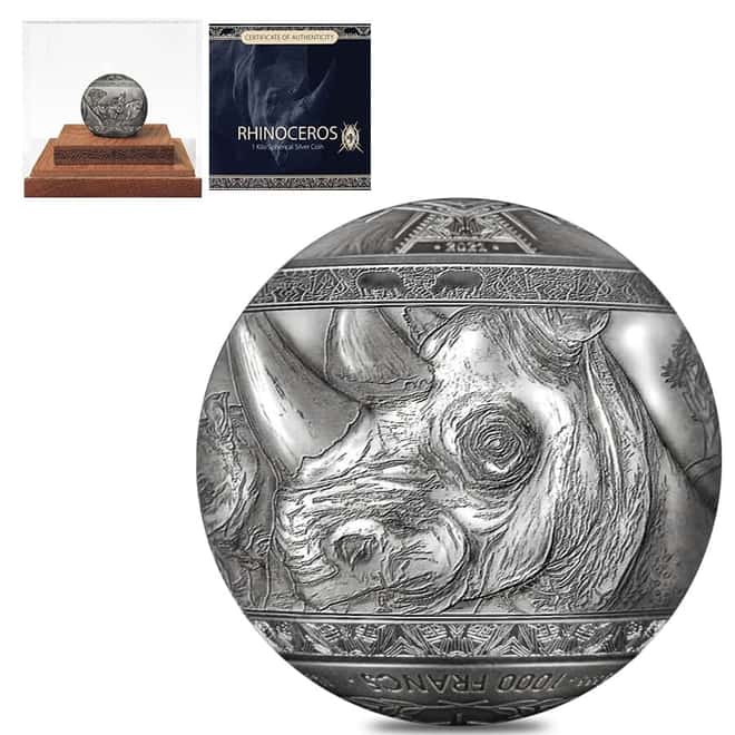 2022 1 Kilo Silver Big Five - Rhinoceros Spherical Coin Djibouti .999 Fine (w/Box & COA)