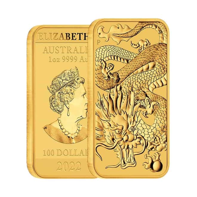 2022 1 oz Gold Australian Dragon Coin Bar $100 BU