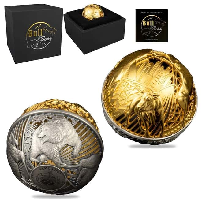 2022 2 oz Silver Bull and Bear Spherical Coin Samoa .999 Fine (w/Box & COA)