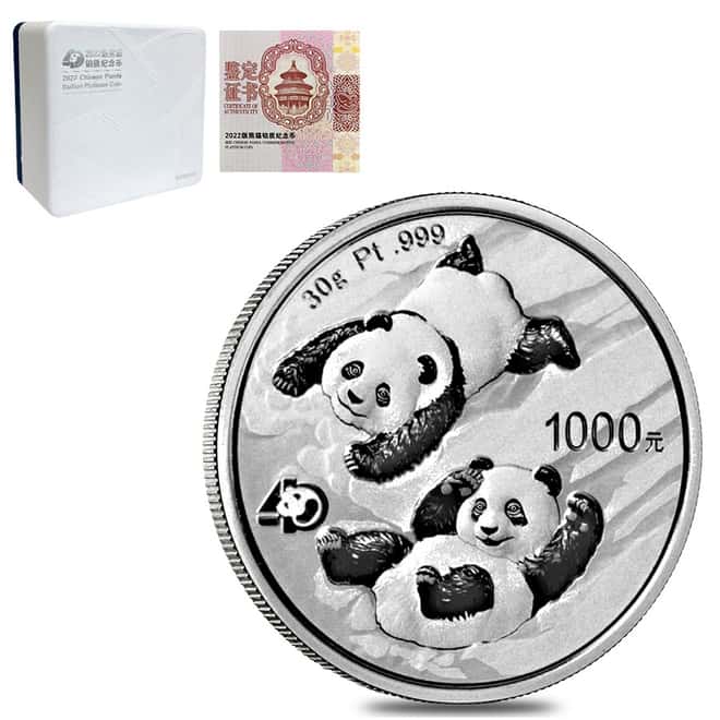 2022 30 gram Chinese Platinum Panda 40th Ann Privy 1000 Yuan .999 Fine BU (w/Box & COA)