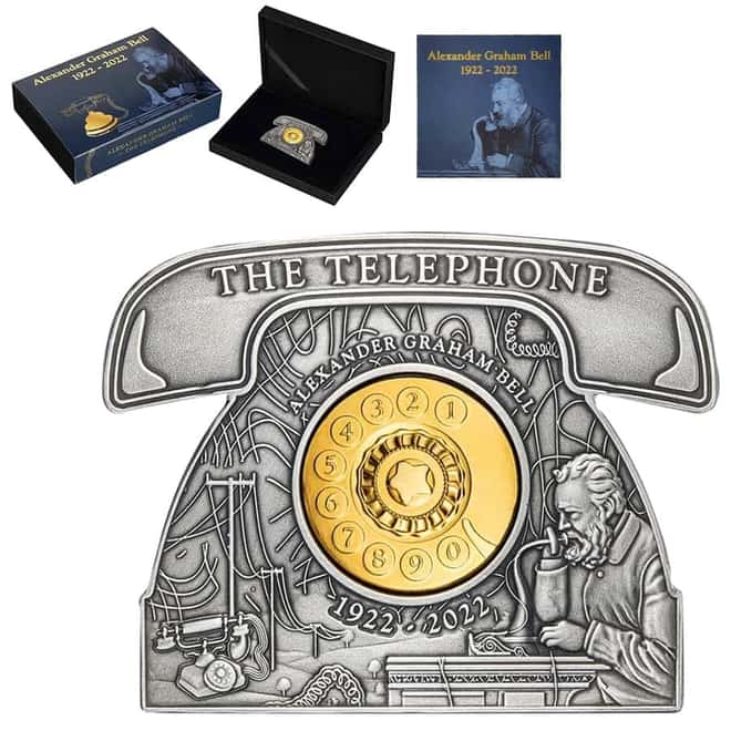 2022 3 oz Silver Alexander Graham Bell Telephone Shaped Coin Barbados .999 Fine (w/Box & COA)