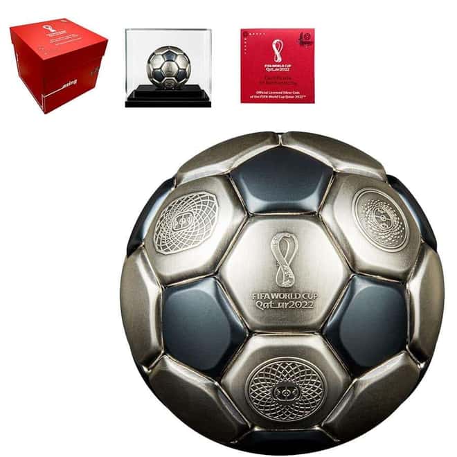 2022 3 oz Silver FIFA World Cup Qatar - Soccer Ball Spherical Coin Solomon Islands .999 Fine (w/Box & COA)