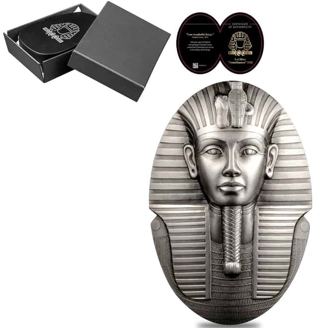 2022 3 oz Silver Mask of Tutankhamun 100th Ann 3D Shaped Coin Djibouti .999 Fine (w/Box & COA)