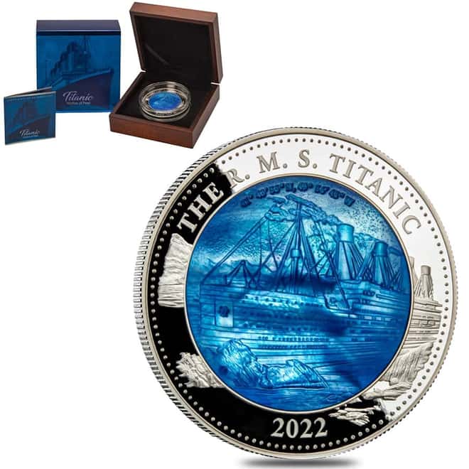 2022 5 oz Silver RMS Titanic Mother Of Pearl Coin Solomon Islands .999 Fine (w/Box & COA)