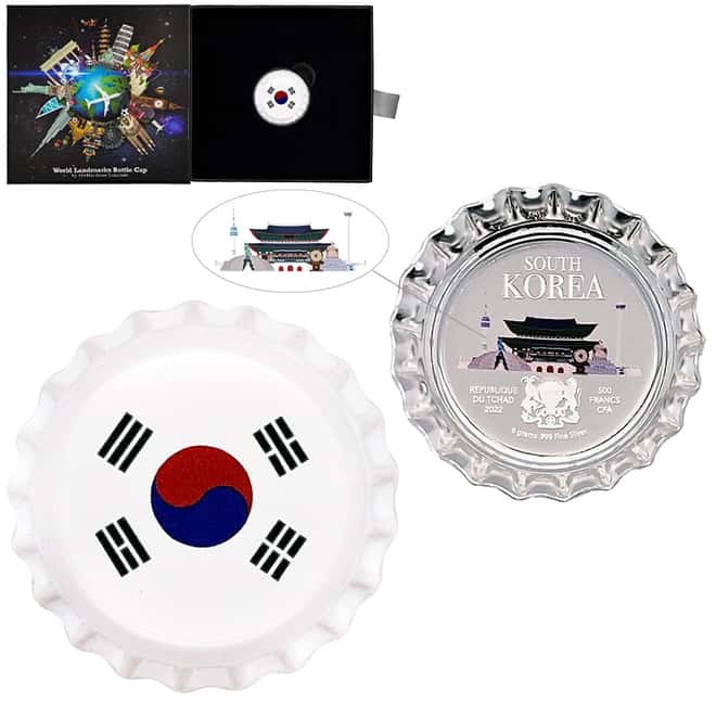 2022 Chad 6 gram World Landmarks - South Korea Bottle Cap Proof Silver Coin .999 Fine (w/Box)