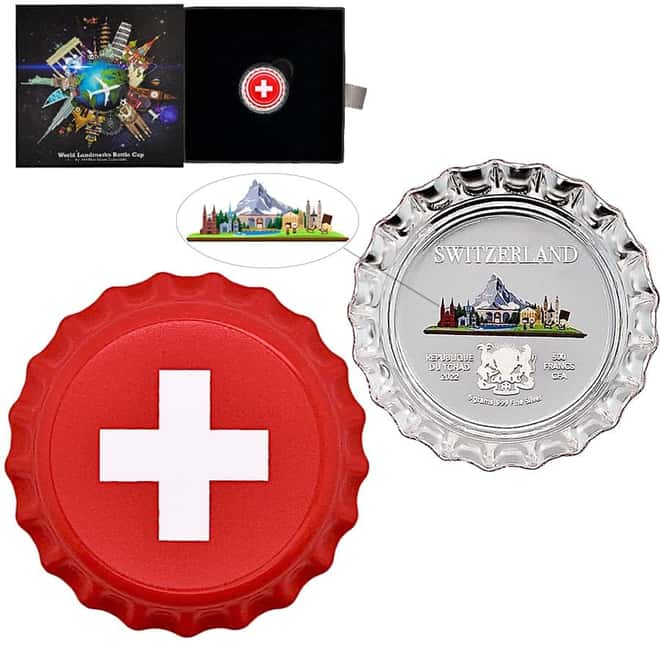 2022 Chad 6 gram World Landmarks - Switzerland Bottle Cap Proof Silver Coin .999 Fine (w/Box)
