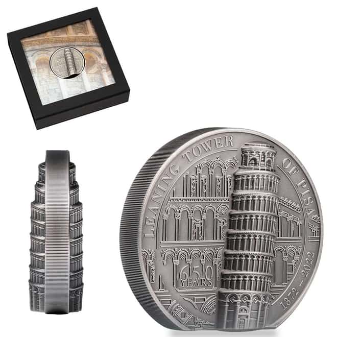 2022 Cook Islands 2 oz Silver Leaning Tower of Pisa Coin Antiqued .999 Fine (w/Box & COA)