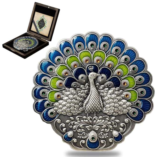 2022 Nauru 500 gram Silver Peacock Enameled Shaped Coin .999 Fine (w/Box & COA)