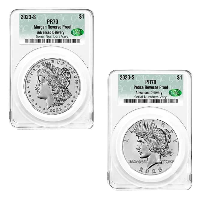 2023-S Morgan and Peace Silver Dollar Reverse Proof 2-Coin Set CAC PF 70 Advanced Delivery