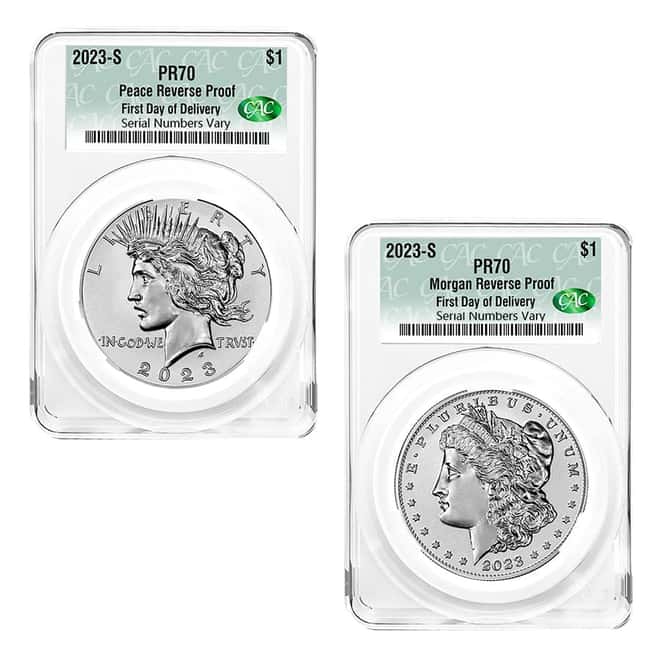 2023-S Morgan and Peace Silver Dollar Reverse Proof 2-Coin Set CAC PF 70 First Day of Delivery