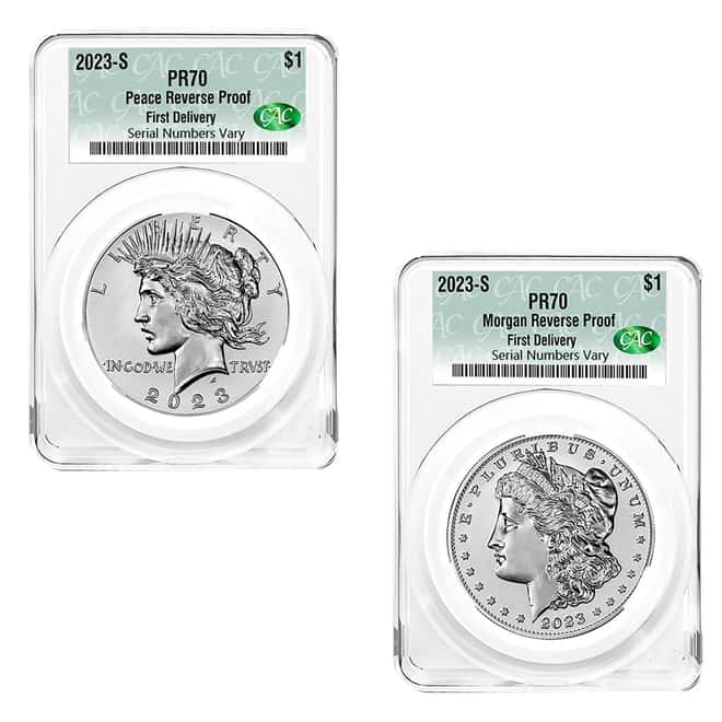 2023-S Morgan and Peace Silver Dollar Reverse Proof 2-Coin Set CAC PF 70 First Delivery
