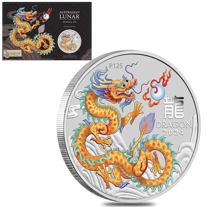 2024 1 oz Colorized Silver Lunar Golden Dragon Coin Perth Mint WFM