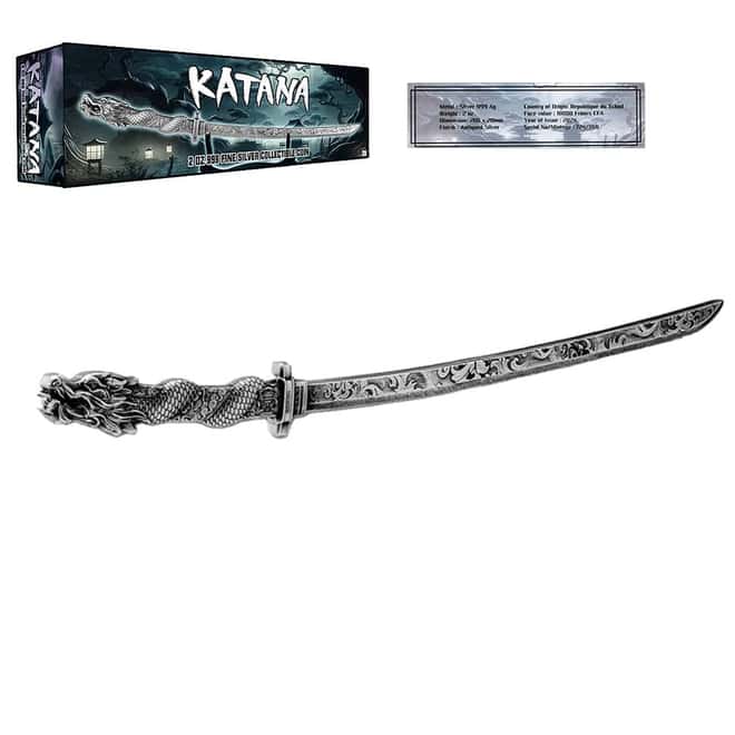 2024 2 oz Chad Antiqued Katana Sword Shaped Silver Coin .999 Fine