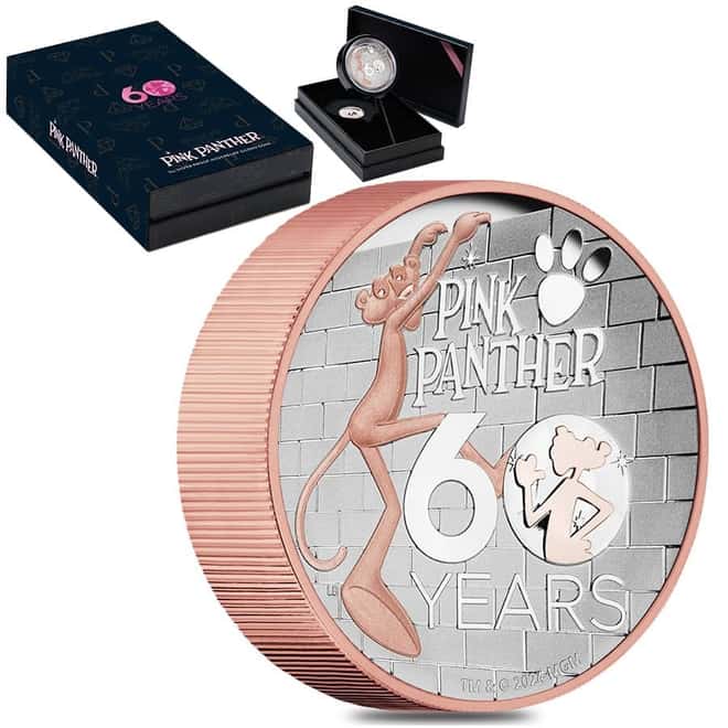 2024 Tuvalu 5 oz Silver Pink Panther 60th Ann. High Relief Gilded Coin