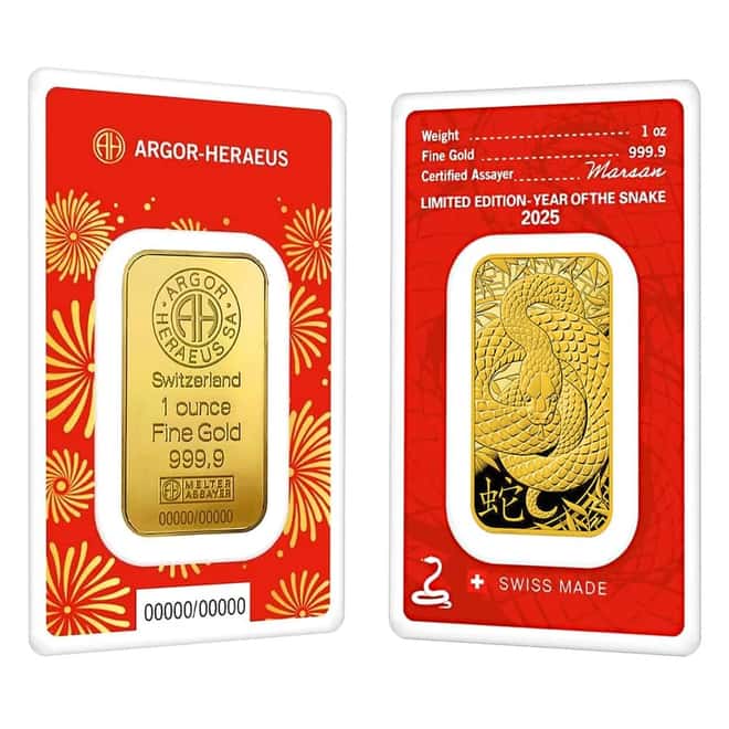 2025 1 oz Argor Heraeus Lunar Snake Gold Bar (in Assay)
