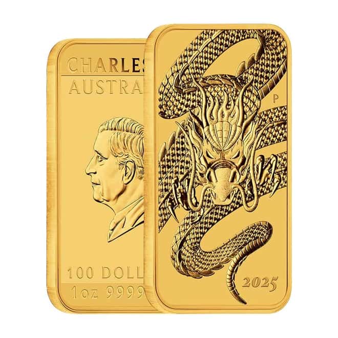 2025 1 oz Gold Australian Dragon Rectangular Coin Bar $100 BU