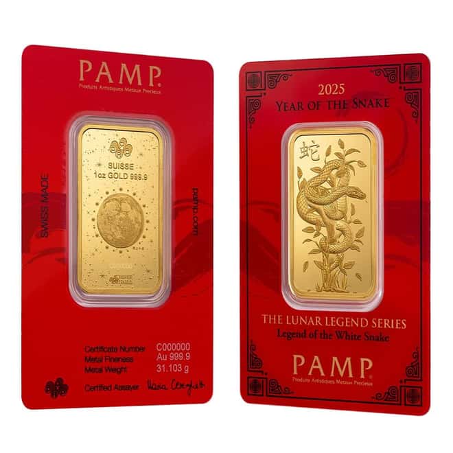 Box of 25 - 2025 1 oz PAMP Suisse Lunar White Snake Gold Bar (in Assay)