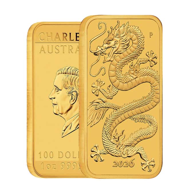 2026 1 oz Gold Australian Dragon Rectangular Coin Bar $100 BU