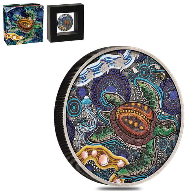 2026 2 oz Turtle Yaunati Antiqued Colorized Silver Coin Perth Mint