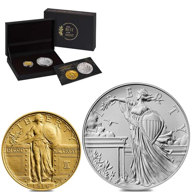 2026 Best of US Mint 1916 Standing Liberty Quarter Dollar Gold Coin & Silver Medal Set (w/Box & COA)