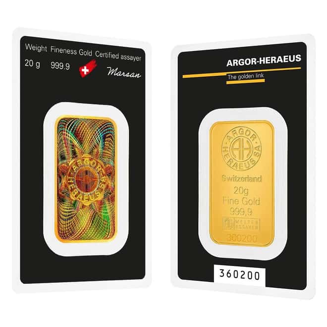 20 Gram Argor Heraeus Kinebar Gold Bar .9999 Fine (in Assay)