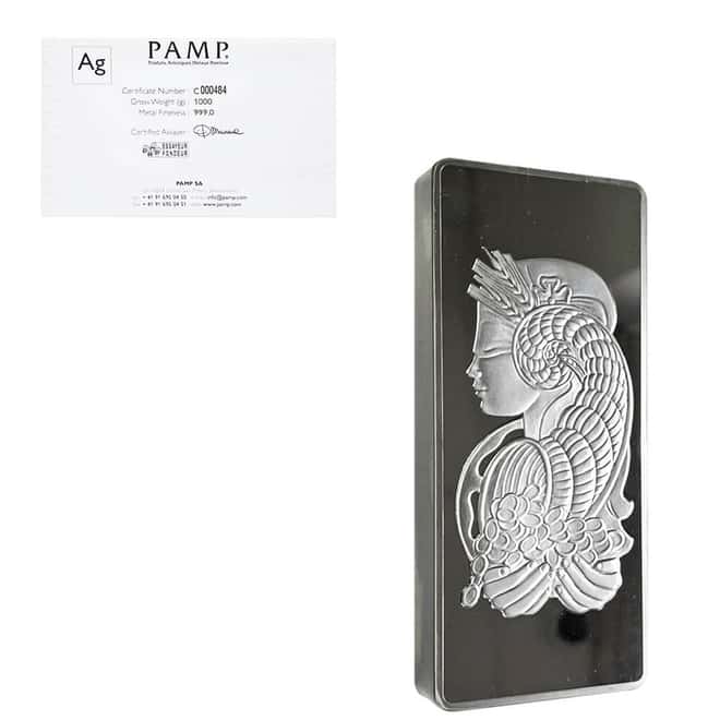 1 Kilo PAMP Suisse Lady Fortuna Silver Bar .999 Fine (w/Assay)
