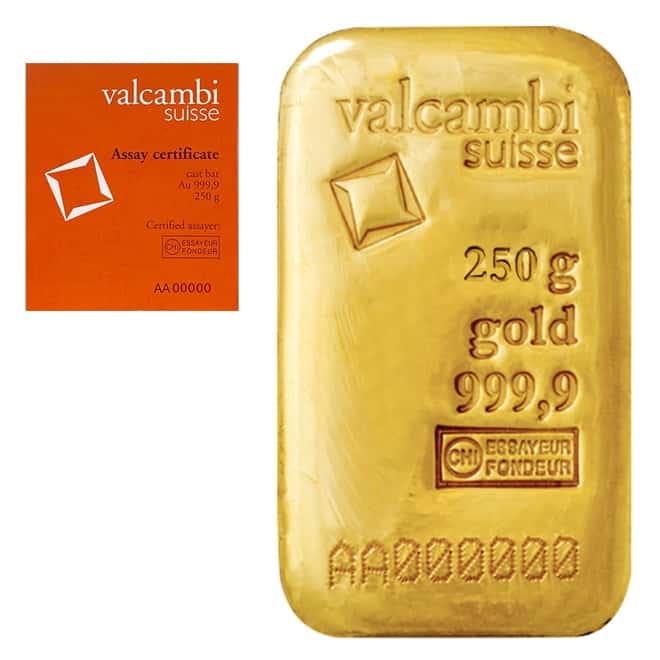 250 gram Gold Bar Valcambi Suisse .9999 Fine (Cast, w/Assay)