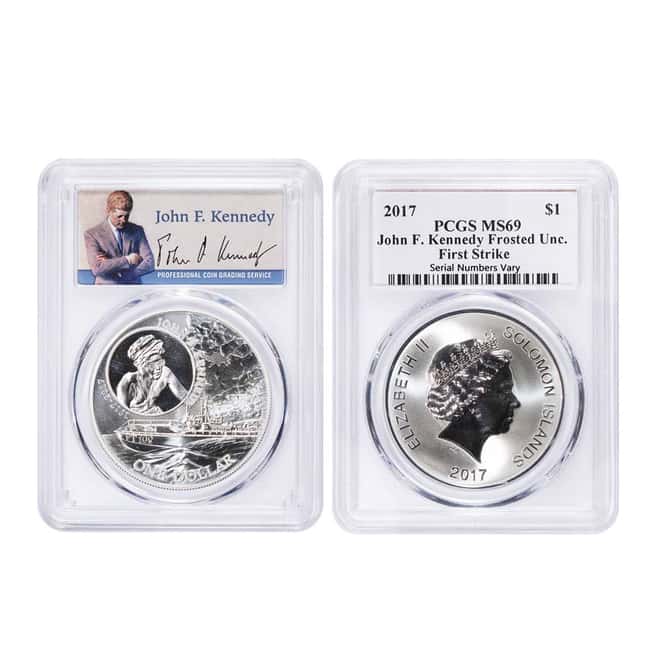 2017 1 oz Silver JFK Solomon Islands PCGS MS 69 First Strike (JFK Signature Label)