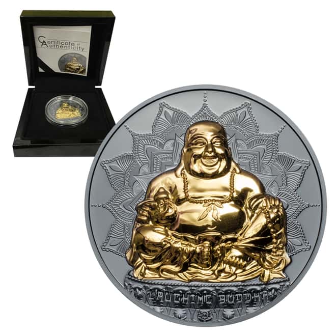 2017 2 oz Palau Laughing Buddha Proof Silver Coin $10 .999 Fine (w/Box&COA)
