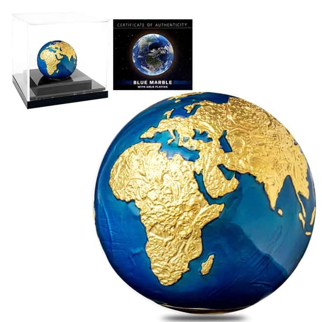 2021 3 oz Silver 24K Gold Plating Blue Marble Planet Earth Spherical Coin Barbados .999 Fine (w/Box & COA)