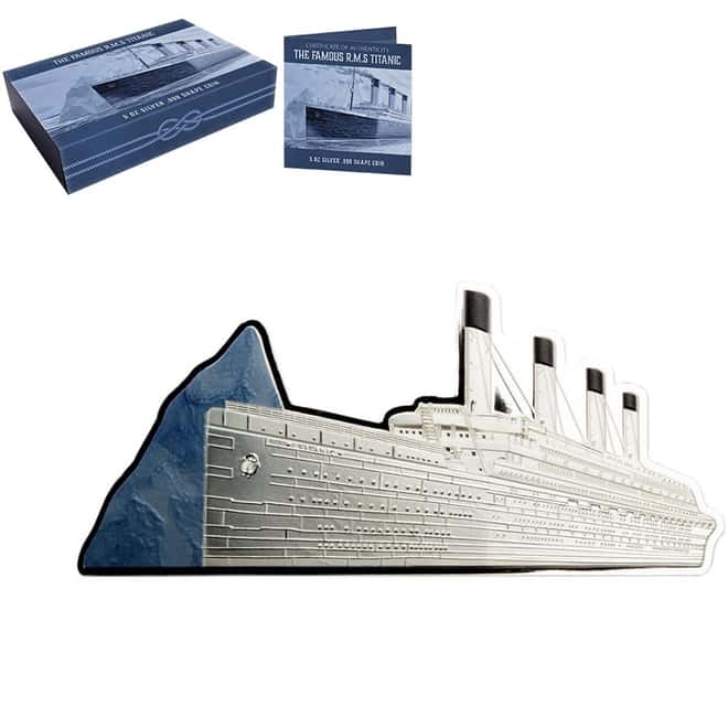 2022 5 oz Silver Titanic Shaped Coin Solomon Islands .999 Fine (w/Box & COA)