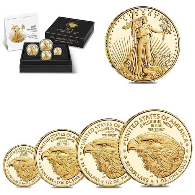 2021-W 1.85 oz Proof Gold American Eagle Type 2 4-Coin Set (w/Box & COA)