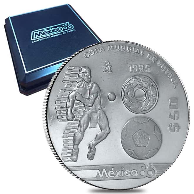 1985 Mexico Silver 50 Pesos 1/2 oz Proof 1986 Soccer World Cup Coin (w/Box&COA)